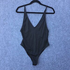 Forever 21 One Piece Swimsuit Black High Cut Leg Low Vneck Cheeky Ribbed Medium